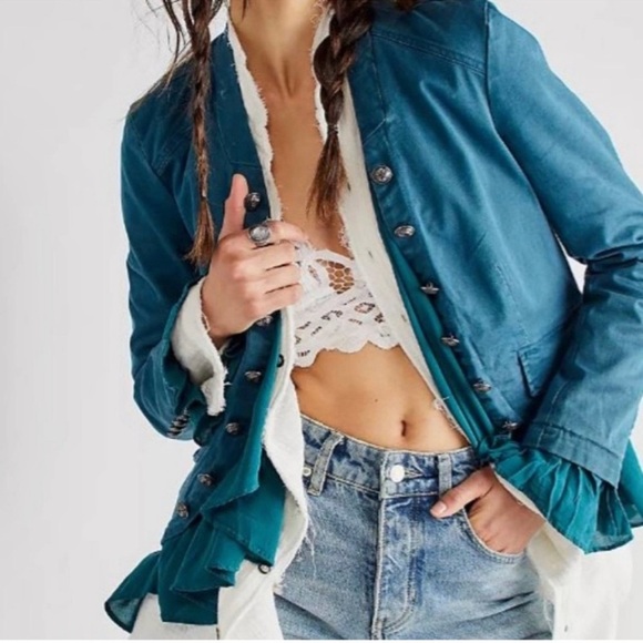 Free People Ruffles Romance Jacket In Teal Jewel NWOT size Small - Picture 2 of 10